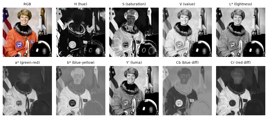 The astronaut image and nine channel images: hue, saturation, value, L*, a*, b*, luma, Cb, and Cr