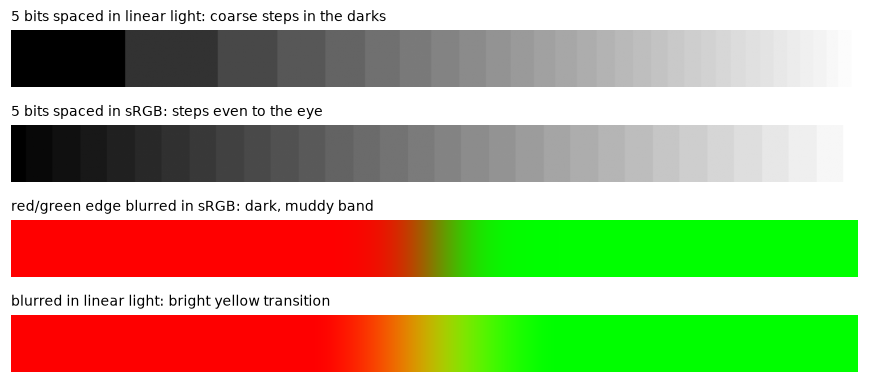Four strips: a 5-bit ramp stored linearly with visible steps in the dark end, a 5-bit ramp stored in sRGB with even steps, a red-green edge blurred in sRGB with a dark band, and the same edge blurred in linear light with a bright yellow transition