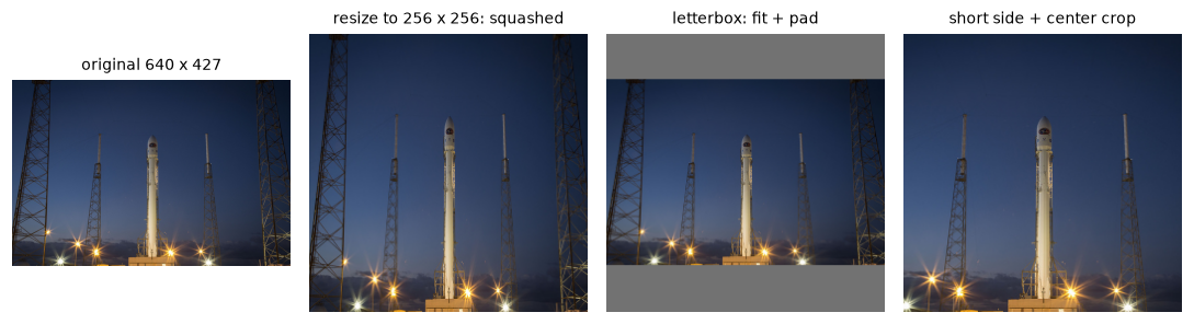 The rocket image, a squashed 256 by 256 version, a letterboxed version with gray bars above and below, and a center-cropped version that cuts off the sides
