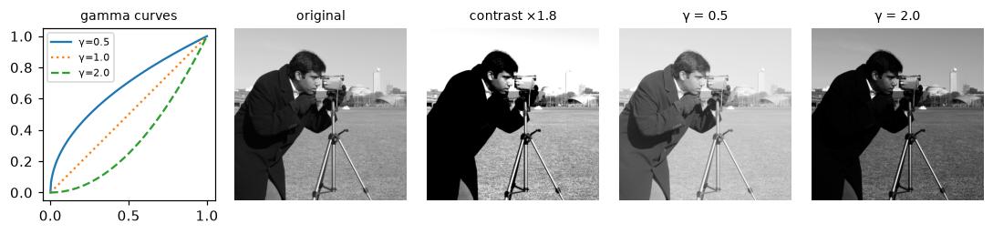 Gamma curves and four versions of the cameraman photo: original, contrast stretched, brightened with gamma 0.5, darkened with gamma 2