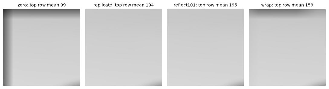 The top-left corner of the cameraman image after a 31 by 31 box blur with zero, replicate, reflect, and wrap borders
