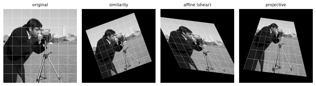 The cameraman with a white grid, then a similarity transform (rotated and shrunk), an affine shear where grid lines stay parallel, and a projective warp where grid lines converge