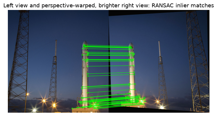 Inlier matches between the left crop and the warped right crop of the rocket image