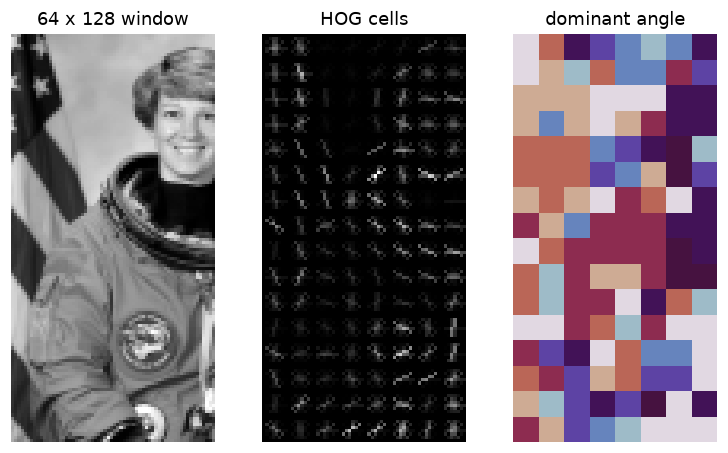 A 64 by 128 crop of the astronaut, its HOG visualization, and each cell's dominant orientation