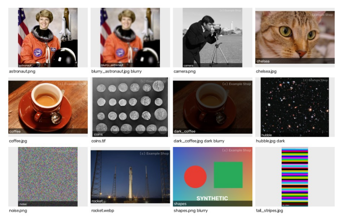 A contact sheet of twelve processed images in a 4 by 3 grid, each with a caption strip and a translucent watermark, labeled with file names and flags such as blurry and dark