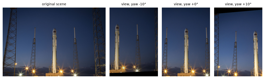 The original rocket scene and the three synthetic views