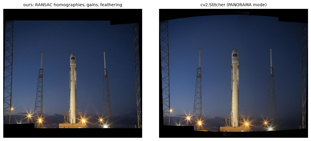 Our panorama and the OpenCV Stitcher panorama side by side