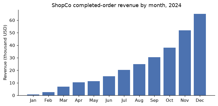 Bar chart of ShopCo monthly revenue rising steadily from January to December 2024