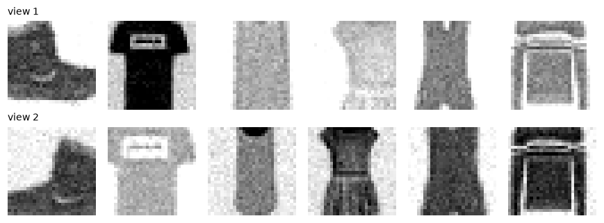 Two augmented views of six FashionMNIST images, differing in crop, flip, brightness, and noise