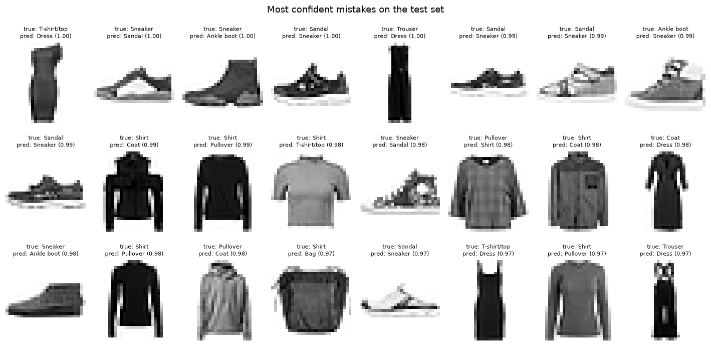A gallery of 24 misclassified test images with their true and predicted labels and confidence
